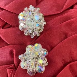 Opalescent Signed Pearl Craft Crystal Button Clip on Earrings.